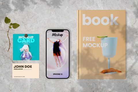 Free Book & Cards with iPhone 12 Mockup