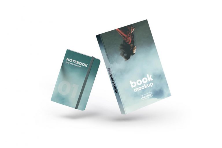 Floating Book Cover & Notebook Free Mockup