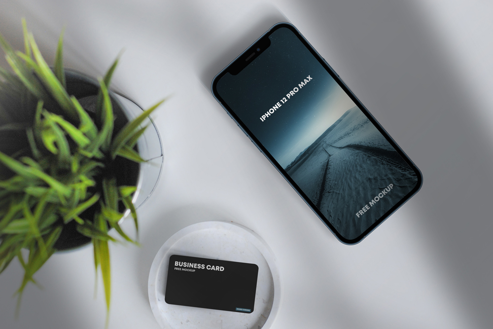 iPhone 12 Pro Max & Business Card Free Mockup