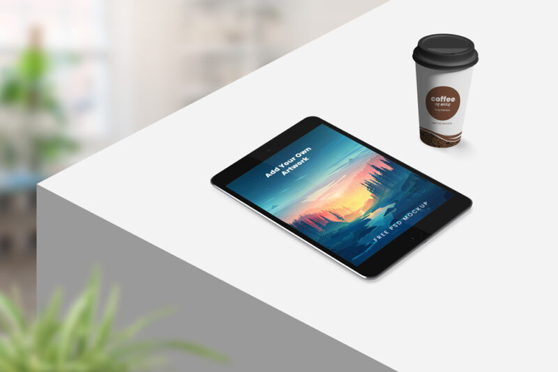 Tablet with Coffee Cup Free Mockup
