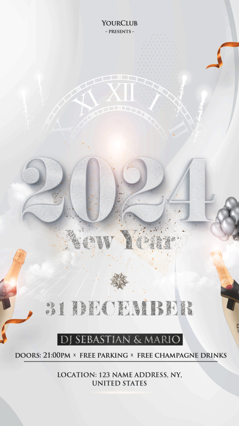 White 2024 New Year Party Instagram PSD Templates PixelsDesign   20004story Size 768x1365 