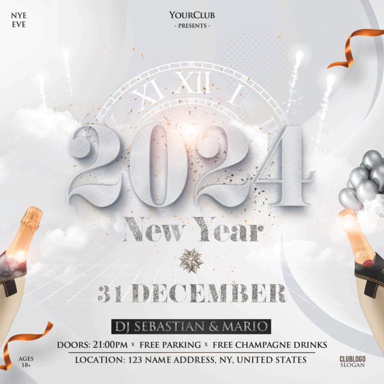 White 2024 New Year Party Instagram PSD Templates PixelsDesign   White New Year Party Instagram Post 768x768 